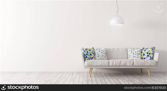 Modern interior design of living room with white sofa and ceiling lamp against of white wall on the wooden floor panorama 3d rendering