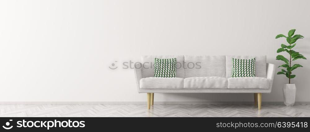 Modern interior design of living room with white sofa and plant panorama 3d rendering