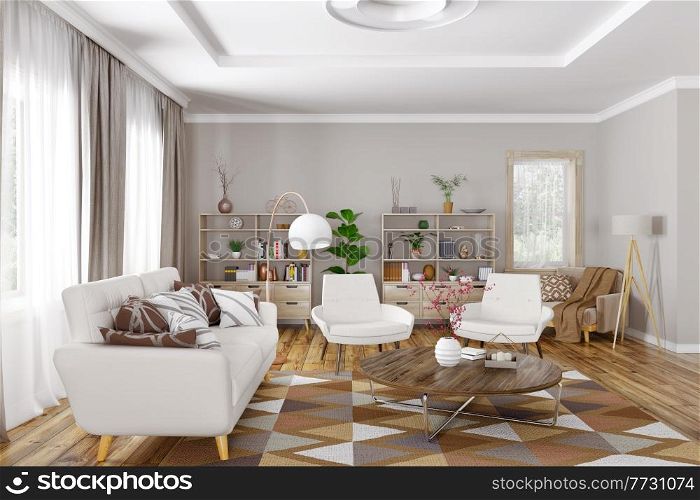 Modern interior design of living room with white sofa, armchairs and coffee table 3d rendering