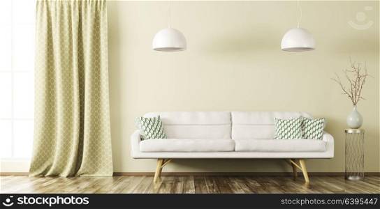 Modern interior design of living room with white sofa, plant, lamps and window 3d rendering