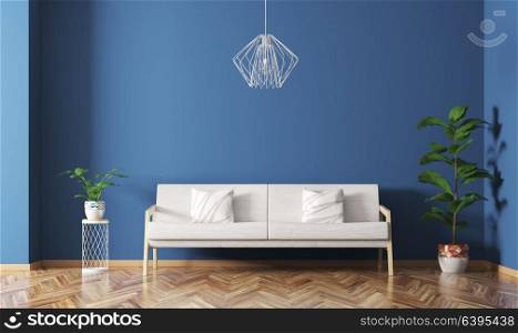 Modern interior design of living room with white sofa, plants and lamp over blue wall 3d rendering