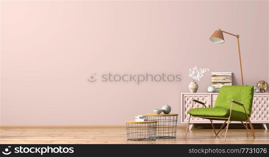 Modern interior design of living room with wooden cabinet, green armchair and coffee tables against empty pink wall 3d rendering