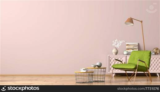 Modern interior design of living room with wooden cabinet, green armchair and coffee tables against empty pink wall 3d rendering