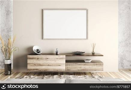 Modern interior design of living room with wooden sideboard and mock up poster. Home interior background. Empty frame on the beige wall. 3d rendering