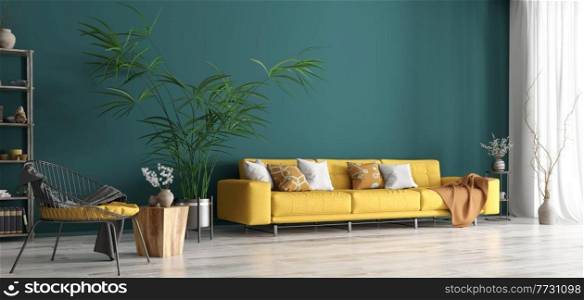 Modern interior design of living room with yellow sofa, armchair, wooden coffee table, home 3d rendering