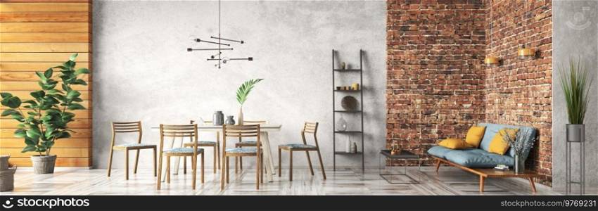 Modern interior design of loft apartment, living room or dining room with blue sofa and table and chairs. Home design with brick and stucco walls. Panorama. 3d rendering