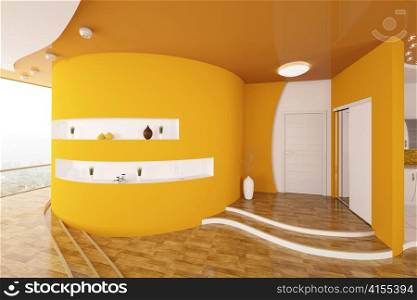 Modern interior design of orange entrance hall 3d render