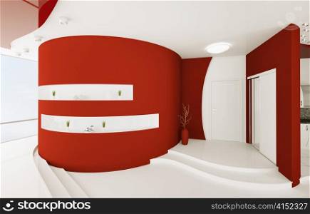 Modern interior design of red white entrance hall 3d render