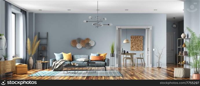 Modern interior design of scandinavian apartment, living room with blue sofa, dining room and hall. Home design. Panorama 3d rendering