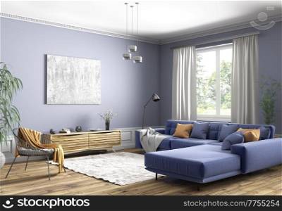 Modern interior design of scandinavian apartment, living room with blue sofa, sideboard and black armchair 3d rendering
