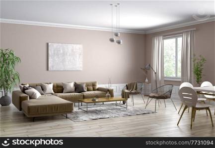 Modern interior design of scandinavian apartment, living room with brown sofa, armchairs, dining area, 3d rendering
