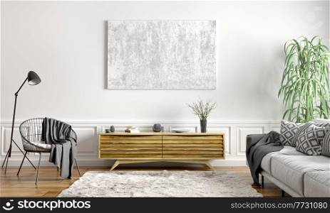 Modern interior design of scandinavian apartment, living room with grey sofa, sideboard and black armchair 3d rendering