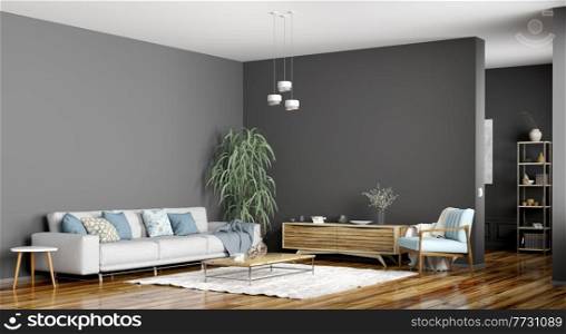 Modern interior design of scandinavian apartment, living room with grey sofa, sideboard and blue armchair, home 3d rendering