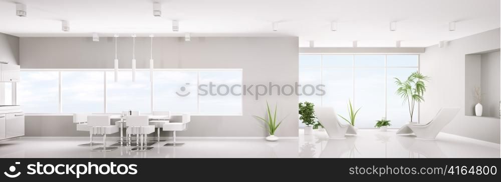 Modern interior design of white apartment panorama 3d render