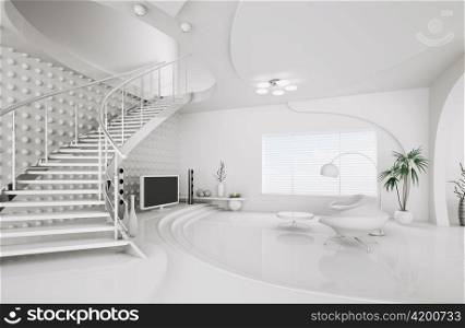 Modern interior design of white living room with staircase 3d render