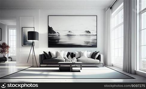 Modern interior design sofa in living room with chairs furniture near windows white wall at home, Neutral living room, empty nobody, 3D render by Generative AI