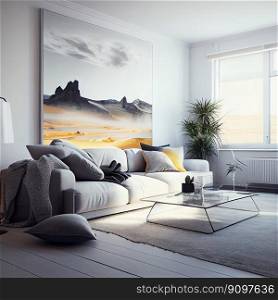 Modern interior design sofa in living room with chairs furniture near windows white wall at home, Neutral living room, empty nobody, 3D render by Generative AI