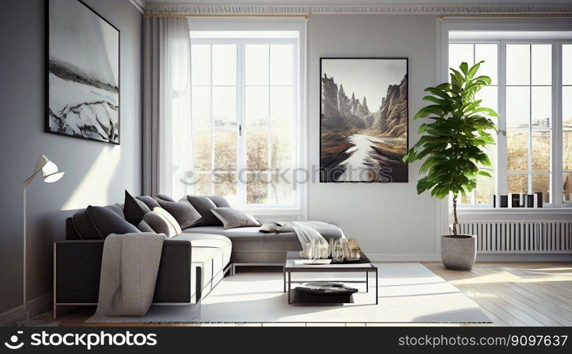 Modern interior design sofa in living room with chairs furniture near windows white wall at home, Neutral living room, empty nobody, 3D render by Generative AI