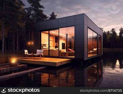 Modern interior design tiny house in blackwood next to lake on summer evening.AI Generative