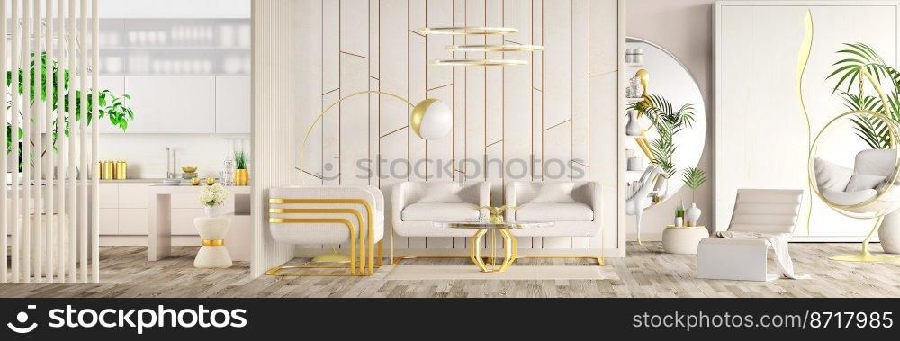 Modern interior design with beige armchairs, wardrobe, coffee table, floor l&, stone wall, plants, kitchen and gold decor. Modern living room in a classic house. Panorama, 3d rendering