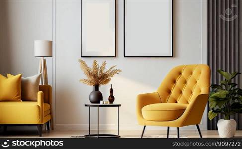 Modern interior design yellow armchair sofa in living room with and mock up poster frame in white wall at home, lifestyle living room design, empty nobody, 3D render by Generative AI