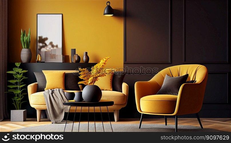 Modern interior design yellow armchair sofa in living room with and mock up poster frame in wall at home, lifestyle living room design, empty nobody, 3D render by Generative AI