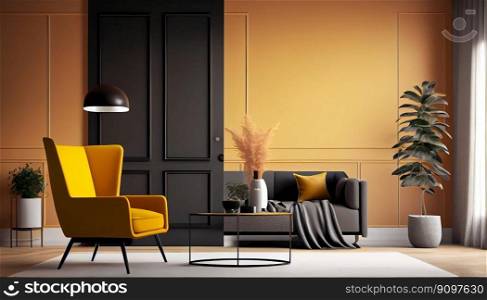 Modern interior design yellow armchair sofa in living room with and mock up poster frame in wall at home, lifestyle living room design, empty nobody, 3D render by Generative AI