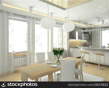 modern interior in big house. Design of kitchen. 3D render.