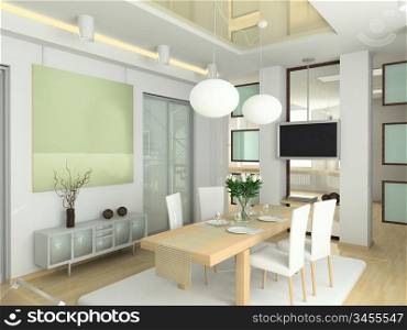 modern interior in big house. Design of living-room. 3D render.