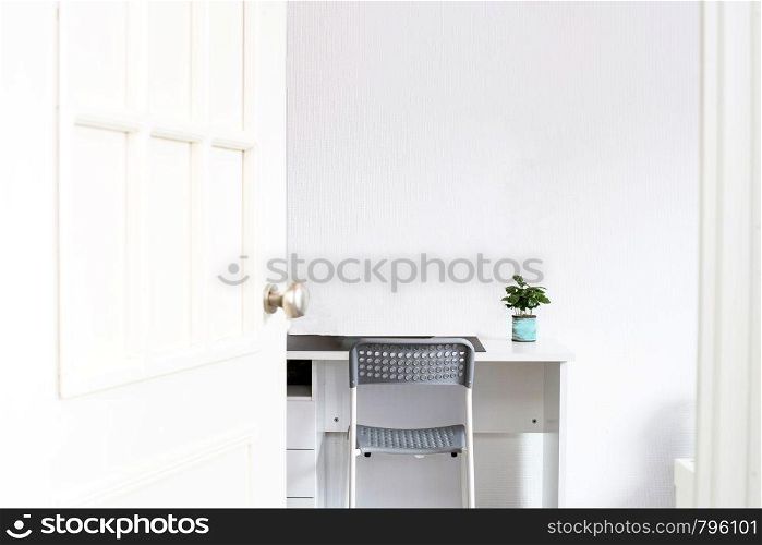 Modern interior in the style scandinavian, a place for study. with a green plant on a desk modern design. Modern interior in the style scandinavian, a place for study. with a green plant on a desk