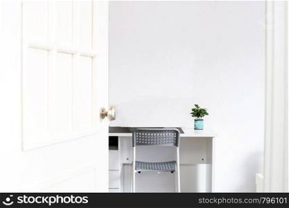 Modern interior in the style scandinavian, a place for study. with a green plant on a desk modern design. Modern interior in the style scandinavian, a place for study. with a green plant on a desk