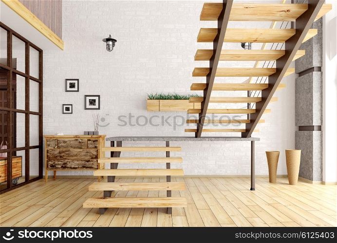 Modern interior of a room with staircase 3d render
