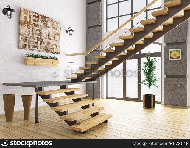 Modern interior of a room with staircase 3d rendering