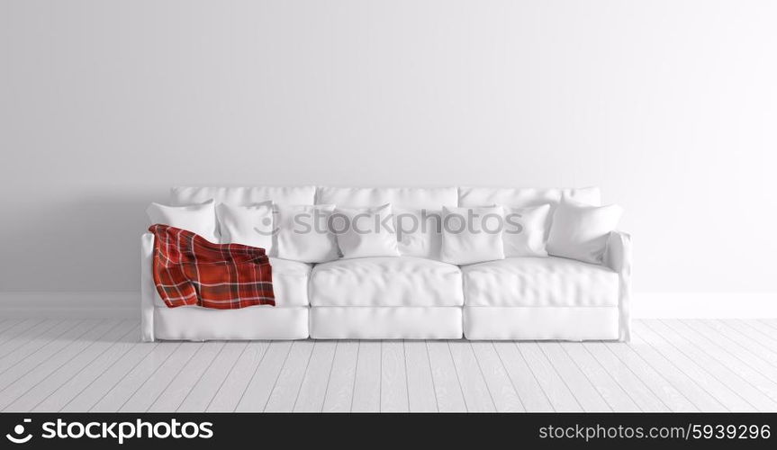 Modern interior of a room with white sofa and red plaid 3d render