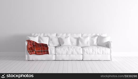 Modern interior of a room with white sofa and red plaid 3d render