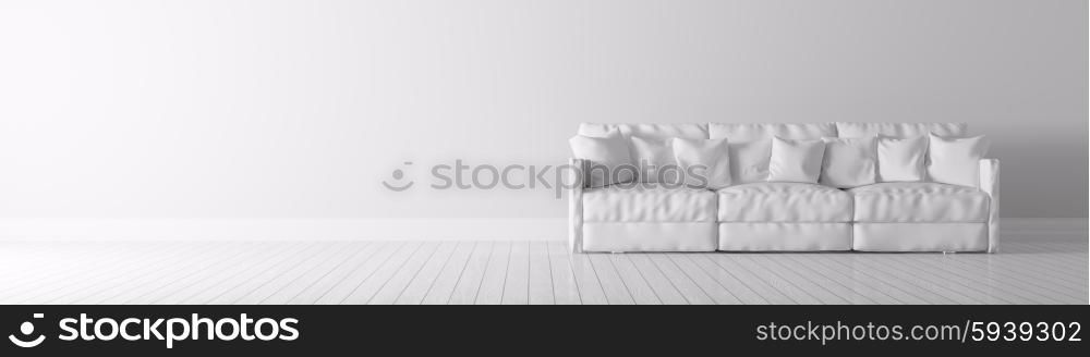 Modern interior of a room with white sofa panorama 3d render