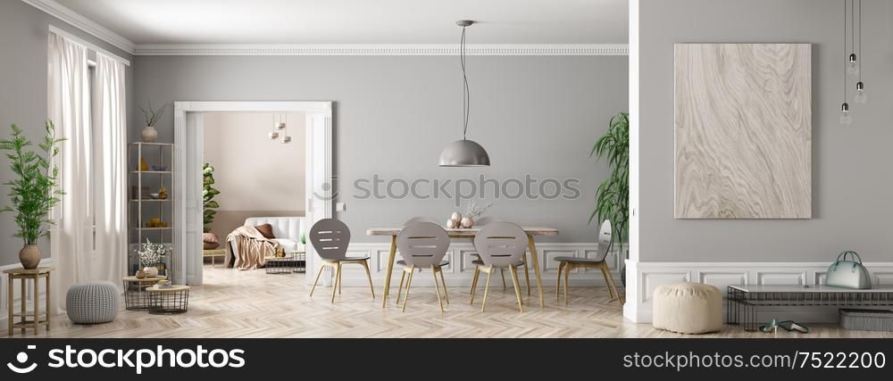 Modern interior of apartment, dining room with table and chairs, living room with sofa, hall panorama 3d rendering