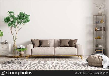 Modern interior of apartment, living room with beige sofa, coffee table, rug and shelf 3d rendering