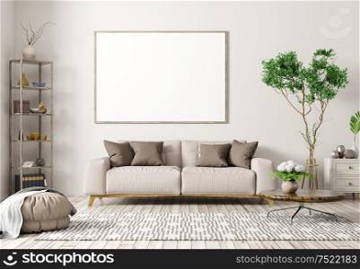 Modern interior of apartment, living room with beige sofa, coffee table, rug and big mock up poster frame on the wall 3d rendering