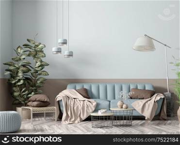 Modern interior of apartment, living room with blue sofa, floor lamp, coffee tables and plant 3d rendering