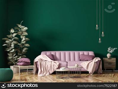 Modern interior of apartment, living room with pink sofa, coffee tables and plant 3d rendering