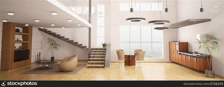 Modern interior of apartment panorama living room kitchen 3d render