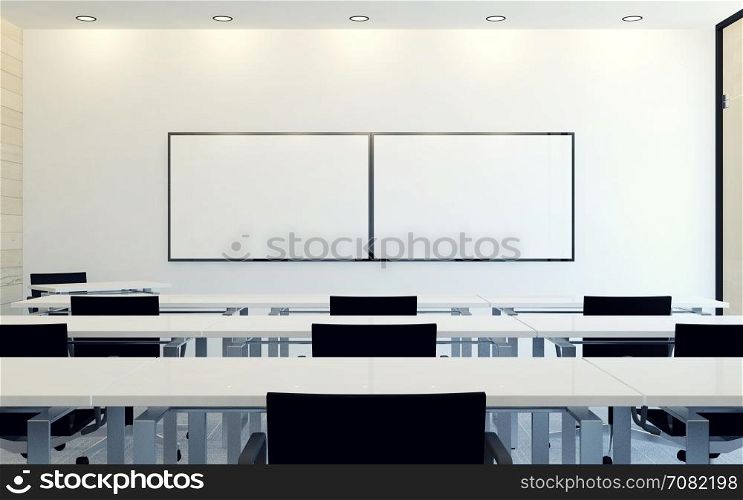 Modern interior of business conference room with blank monitor screen for presentation, 3D rendering