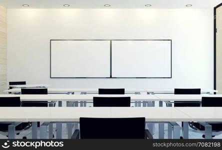 Modern interior of business conference room with blank monitor screen for presentation, 3D rendering