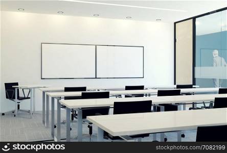Modern interior of business conference room with blank monitor screen for presentation, 3D rendering