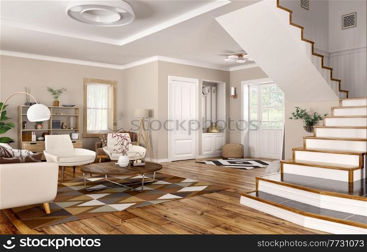 Modern interior of house, hall, living room with sofa and armchairs, home design 3d rendering