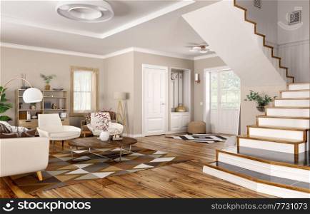 Modern interior of house, hall, living room with sofa and armchairs, home design 3d rendering