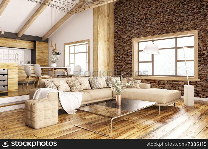 Modern interior of house, kitchen, living room with sofa 3d rendering