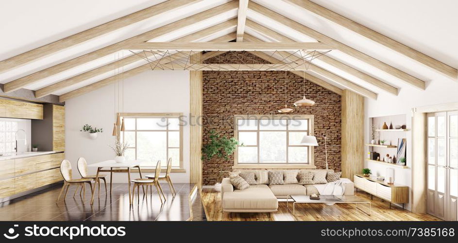 Modern interior of house, kitchen, living room with sofa, panorama 3d rendering