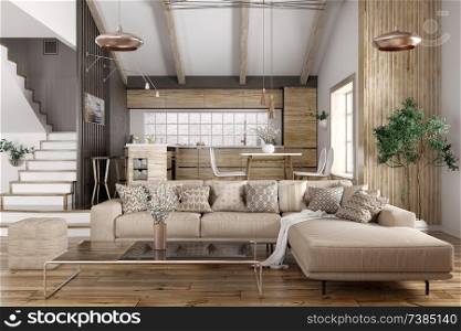 Modern interior of house, kitchen, living room with sofa, staircase 3d rendering